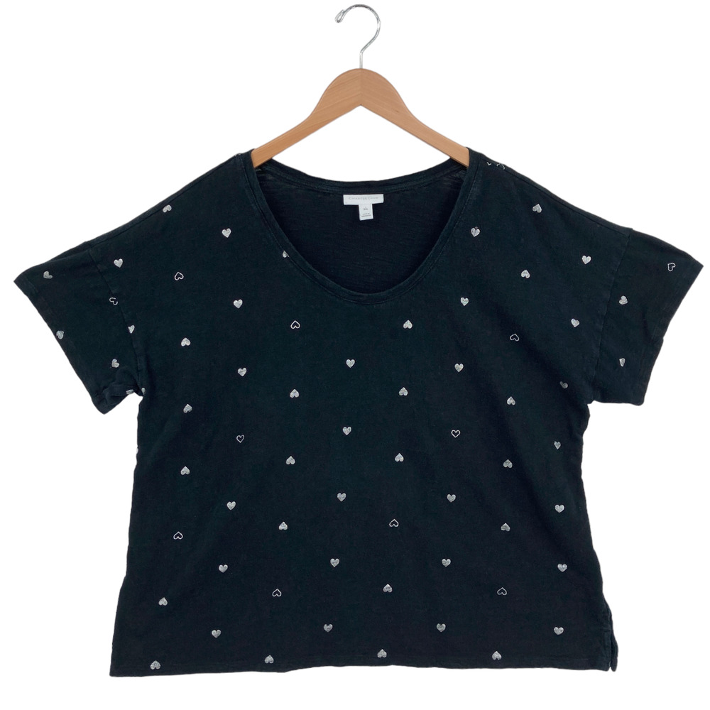 Charter Club T Shirt Top Womens 2XL Black Heart Print Knit Cotton Short Sleeve